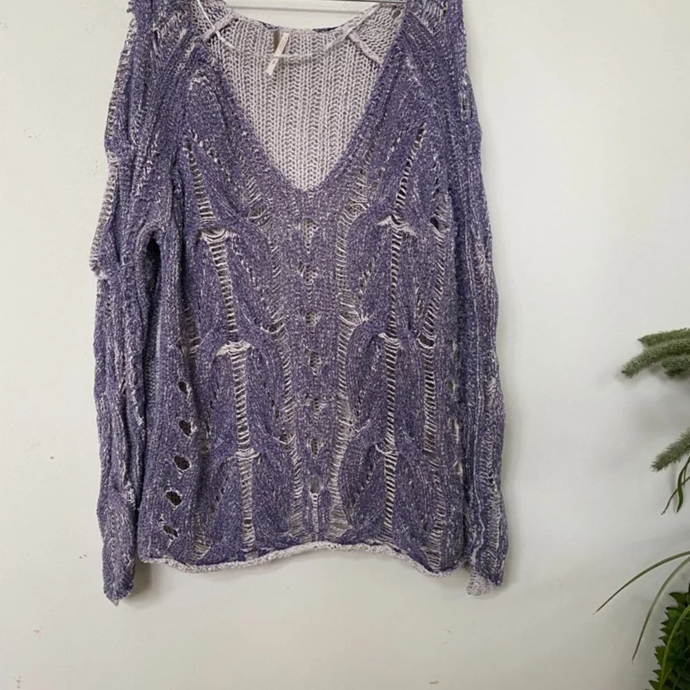 Free People Sweater Perforated Boho Purple Crochet Knit Cotton‎ Blend S